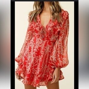 saints and secrets red floral ruffle mini dress